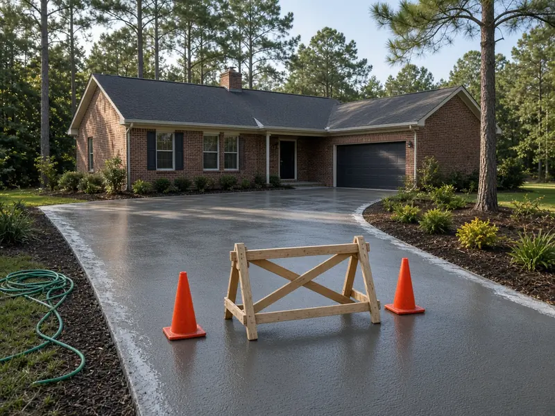 Freshly poured concrete driveway curing behind orange cones and a wooden sawhorse in front of a red brick ranch house
