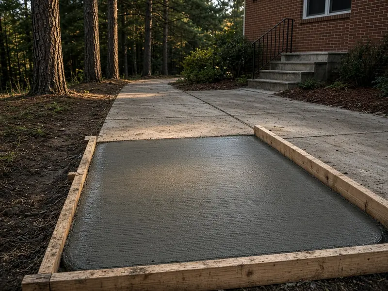 Freshly poured broom-finish walkway section still in its wood forms between older panels leading to a brick house's steps
