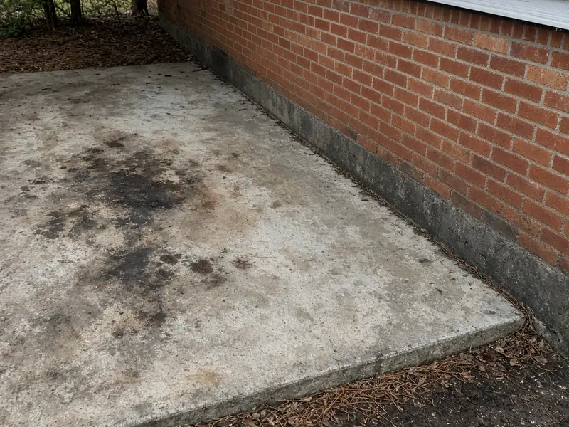 Old carport slab beside a red brick house, still flat but marked by oil stains and faded patches