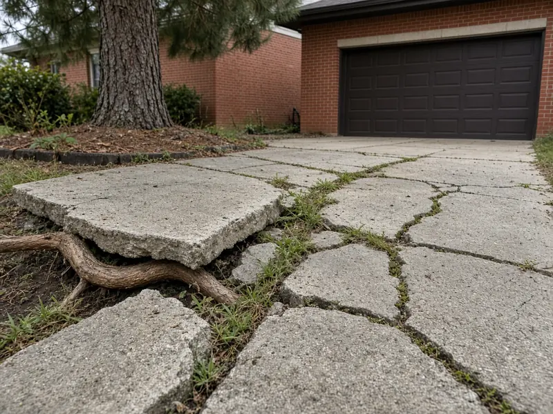 Old concrete driveway broken into plates with grass in the cracks and one slab lifted by a pine root, in front of a brick garage
