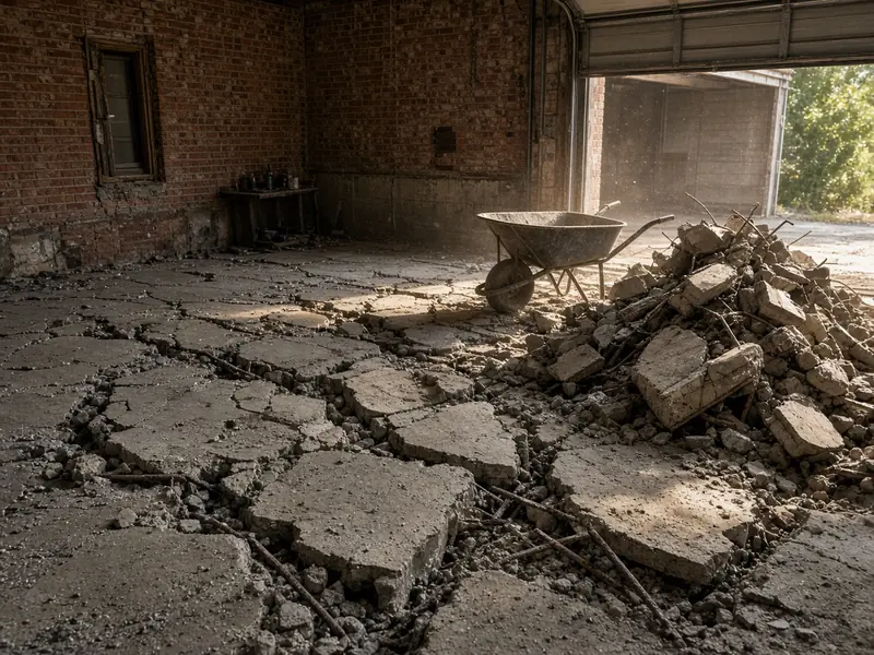 Old garage floor broken into slabs and chunks with rebar showing, a pile of debris and a wheelbarrow by the open door