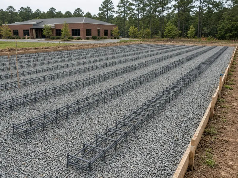 Rows of steel dowel basket assemblies set on a crushed-stone base inside forms for a commercial parking lot, with a brick office building beyond