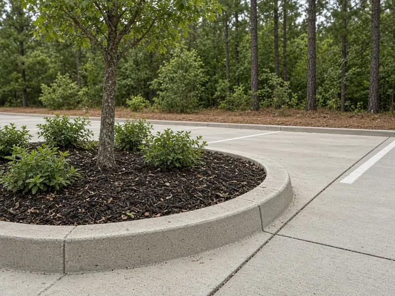 Raised concrete header curb around a mulched parking lot island with a young tree, beside new concrete paving with a striped stall