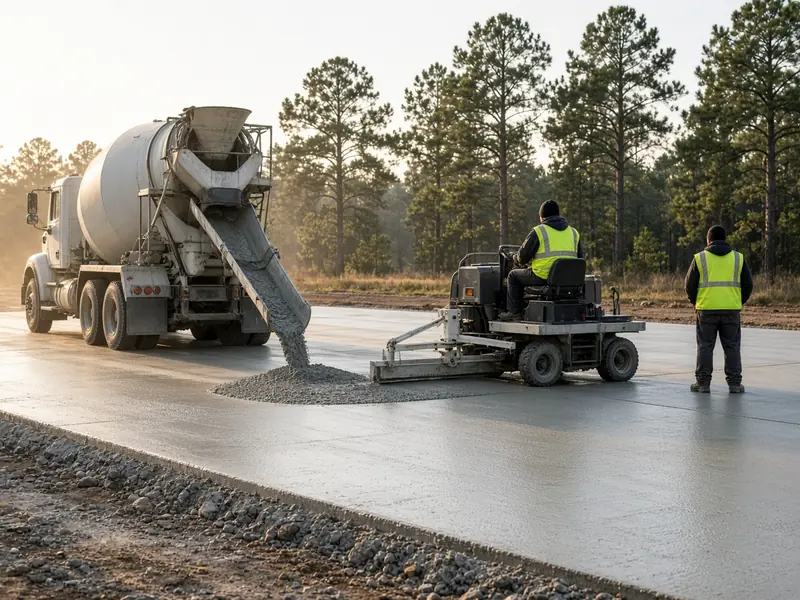 Ready-mix truck discharging concrete while a ride-on laser screed levels a parking lot lane in early morning light, with pines behind