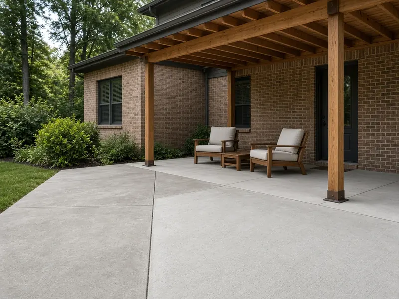 New concrete patio extension joined to an older patio at a straight joint, with a wooden patio cover and two lounge chairs beside a brick home