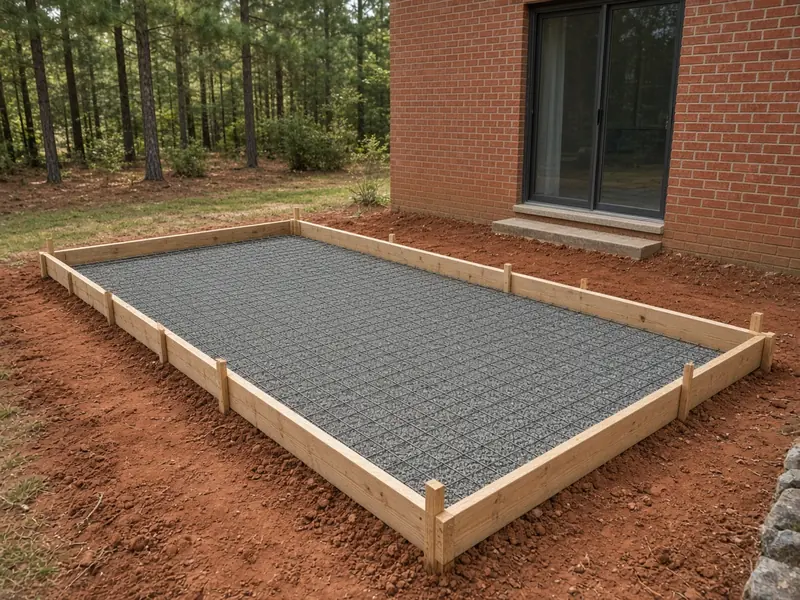 Wood patio forms staked around a gravel base with wire mesh outside a sliding door of a brick house, with red clay soil and pines