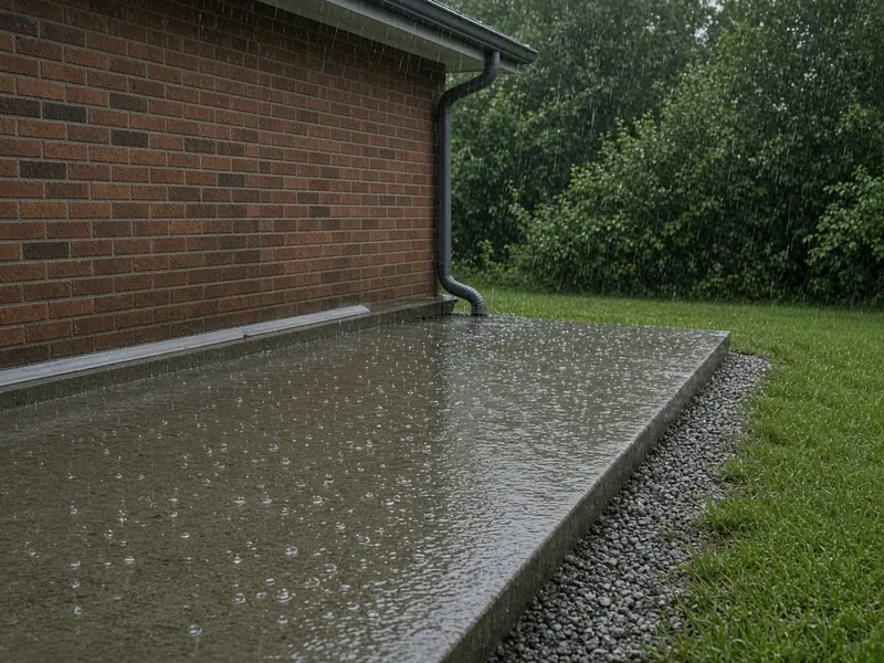 Rain running across a concrete patio beside a brick wall and off the far edge into a gravel strip and lawn