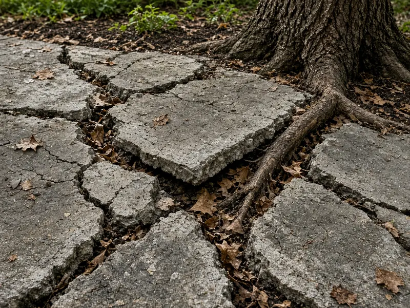 Old patio slab broken into loose pieces and pushed apart by a thick oak root, with leaves in the gaps