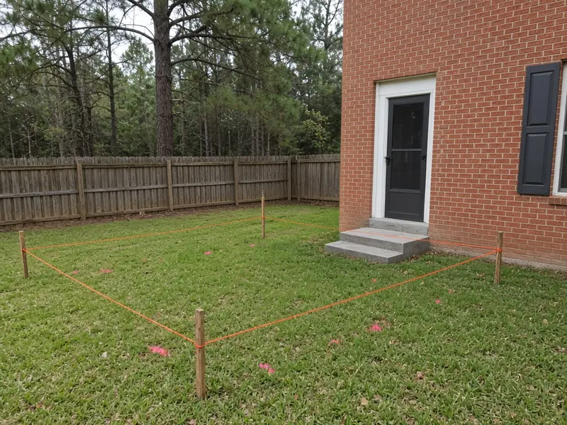 Backyard lawn behind a red brick house staked out with orange string line for a future patio by the back door, with pines past the fence