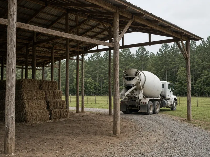 Open-sided pole barn with a dirt floor and stacked hay bales as an unmarked concrete mixer truck backs up the gravel drive, with pasture and pines behind