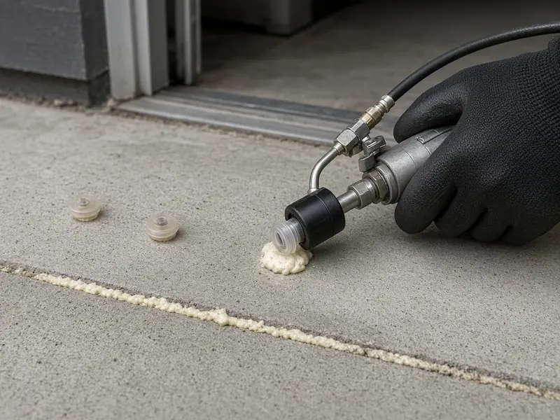 Foam injection gun at a small port in a garage apron slab, with capped ports beside it and foam showing along a joint