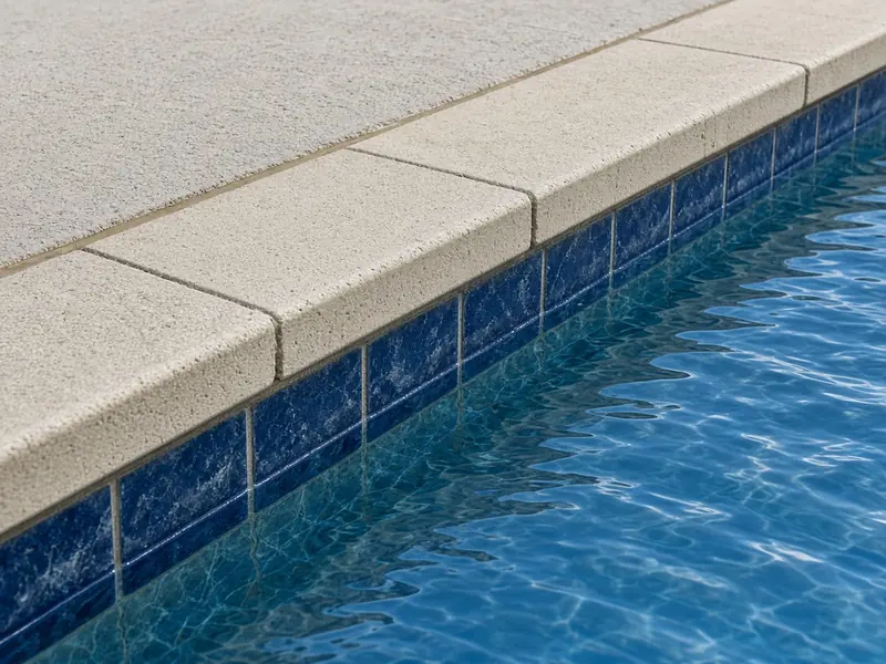 Close-up of precast pool coping, a row of blue waterline tile and the concrete deck meeting the coping