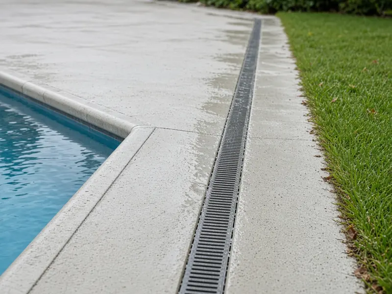 Slotted drain channel running through a light concrete pool deck between the pool coping and the lawn after a rain