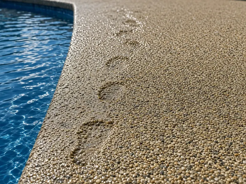 Wet footprints on a tan exposed aggregate pool deck beside the blue water of a pool