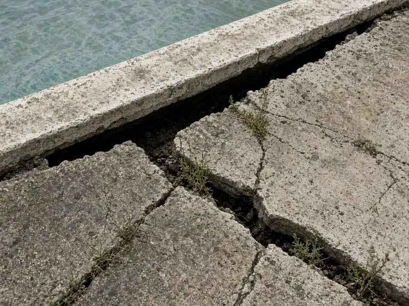 Old concrete pool deck cracked into pieces and sunk away from the pool coping, leaving an open gap with weeds in the cracks