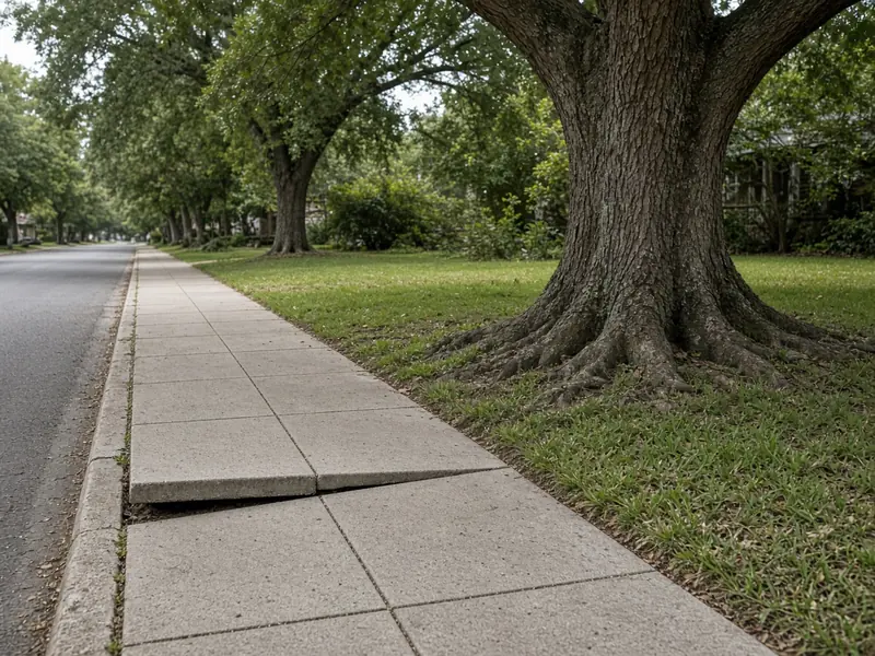Public sidewalk panel heaved up by the roots of a large oak tree, leaving a trip edge along a tree-lined residential street
