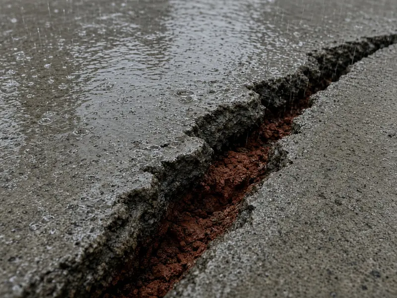 Rain running into a wide open crack in a driveway, with red clay soil exposed underneath