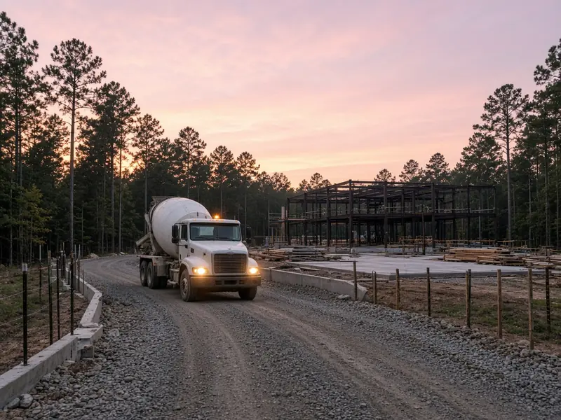 Unmarked ready-mix truck with headlights on arriving on a gravel site road at dawn, past new site walks and a steel building frame among pines