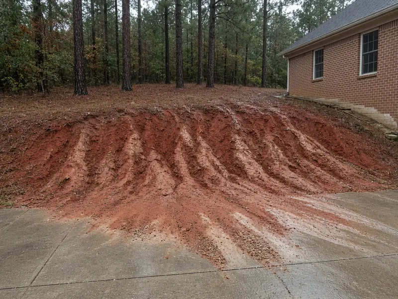 Bare slope with erosion gullies washing red clay mud across the bottom of a concrete driveway after heavy rain, beside a brick house