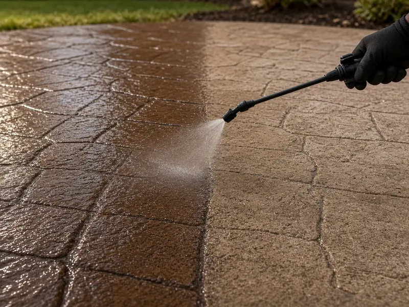 Sprayer resealing a brown stamped stone-pattern patio, the sealed half rich and glossy beside the dull half