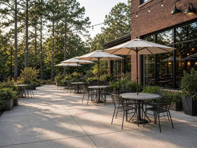 Broom-finish concrete restaurant patio with tables, umbrellas, planters and string lights beside a brick building, with tall pines behind