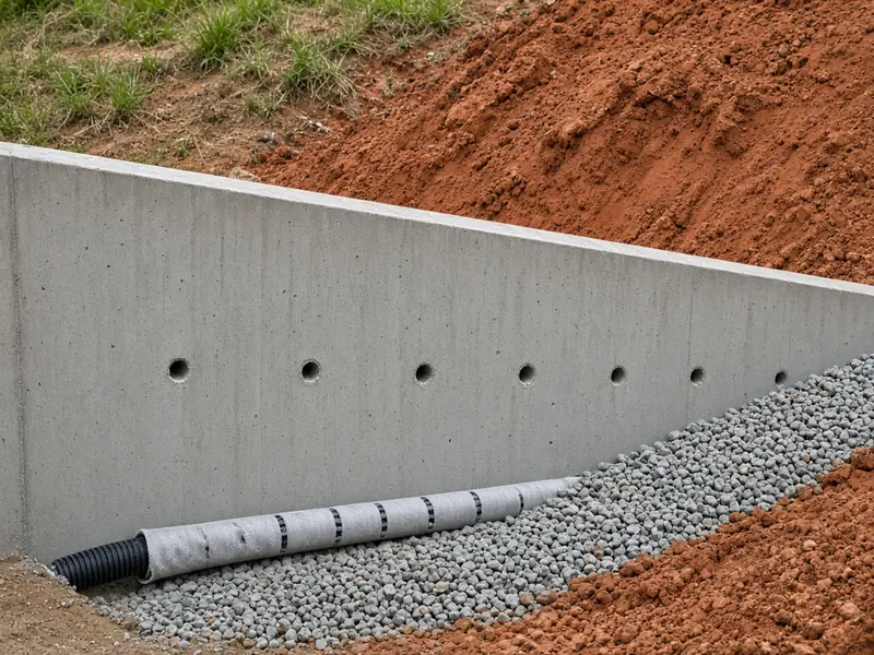 Back of a new poured concrete retaining wall with weep holes, a fabric-wrapped perforated drain pipe at the base and gravel backfill against red clay