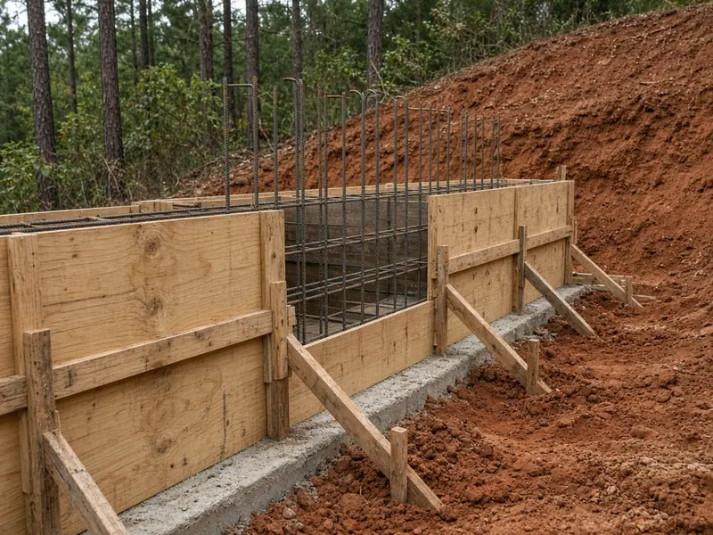 Braced plywood forms with rebar inside set on a concrete footing along a cut red clay slope, with pines behind