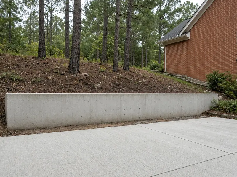 Smooth poured concrete retaining wall cut into a wooded slope, with a level broom-finish parking pad at its base beside a brick house