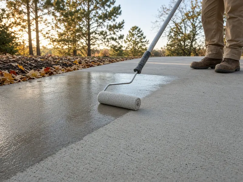 Clear sealer rolled onto a dry driveway on a mild fall morning, the sealed strip darker beside the unsealed concrete