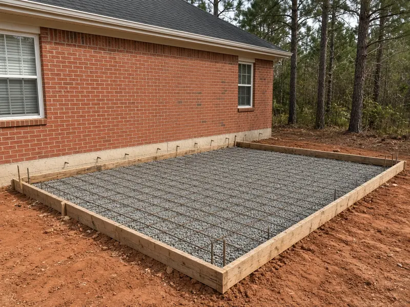 Forms, gravel base and rebar laid out for a room addition slab against the back wall of a red brick house, with dowels set in the old foundation
