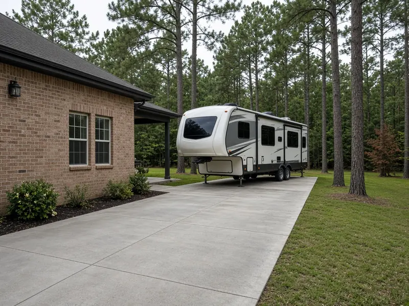 Travel trailer parked on a long concrete RV pad beside a brick house, with lawn and tall pines