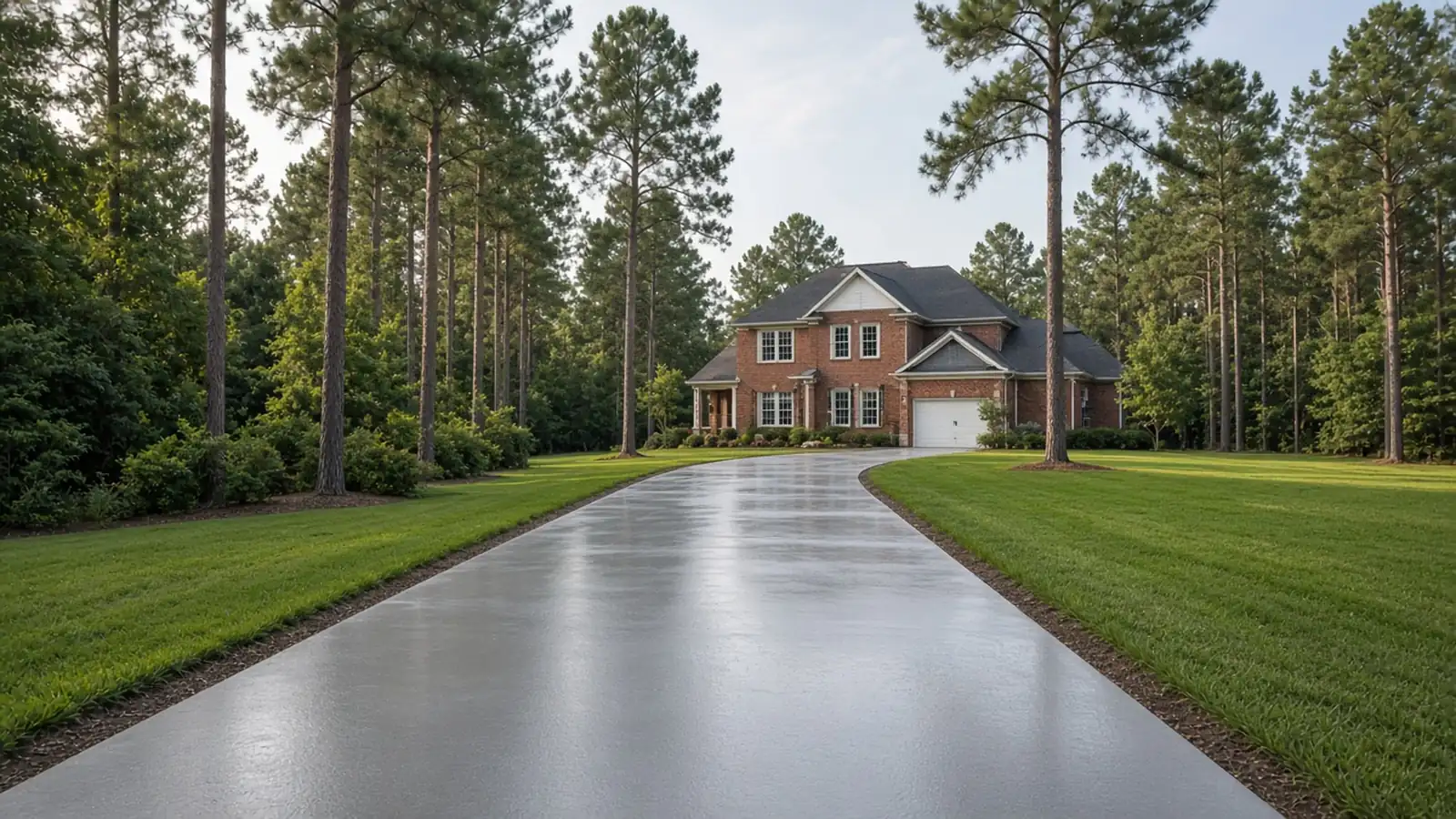 Long sealed concrete driveway with a satin sheen leading to a two-story red brick home among tall pines