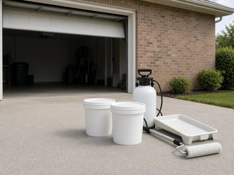 Unlabeled sealer pails, a pump sprayer, a roller and a tray set out on a driveway by an open garage