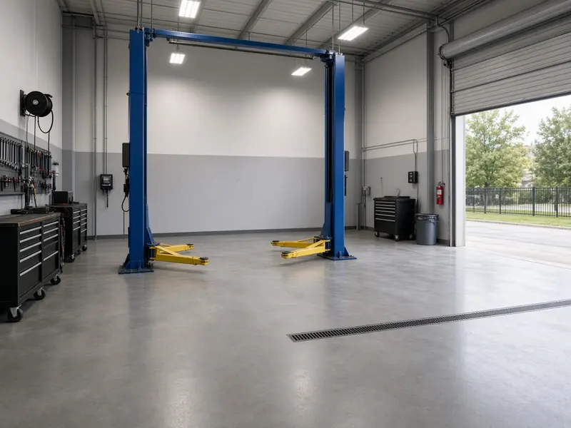 Auto service bay with a two-post lift bolted to a sealed concrete floor, a trench drain and tool carts by an open roll-up door