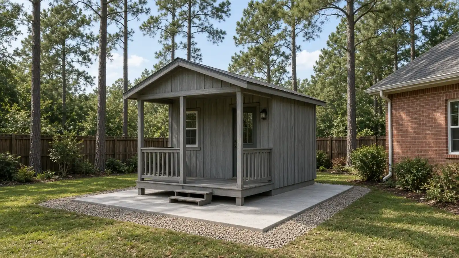 Gray wooden garden shed with a small porch on a new concrete pad edged with crushed stone in a fenced backyard under tall pines
