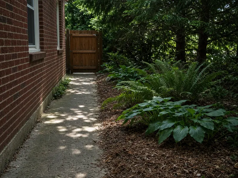 Narrow concrete side path along a brick house leading to a wooden backyard gate past ferns and hostas in dappled shade