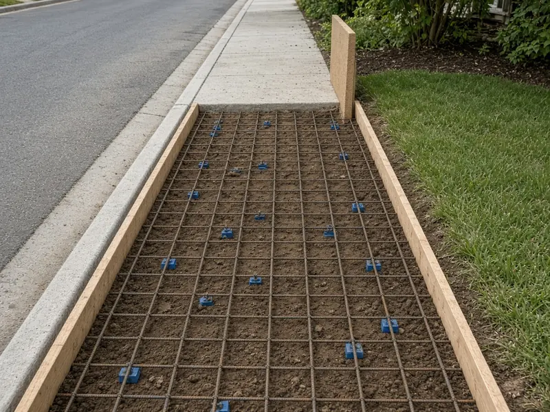 Public sidewalk section formed with wood boards and a rebar grid on chairs, meeting the existing walk at an expansion joint board beside the curb