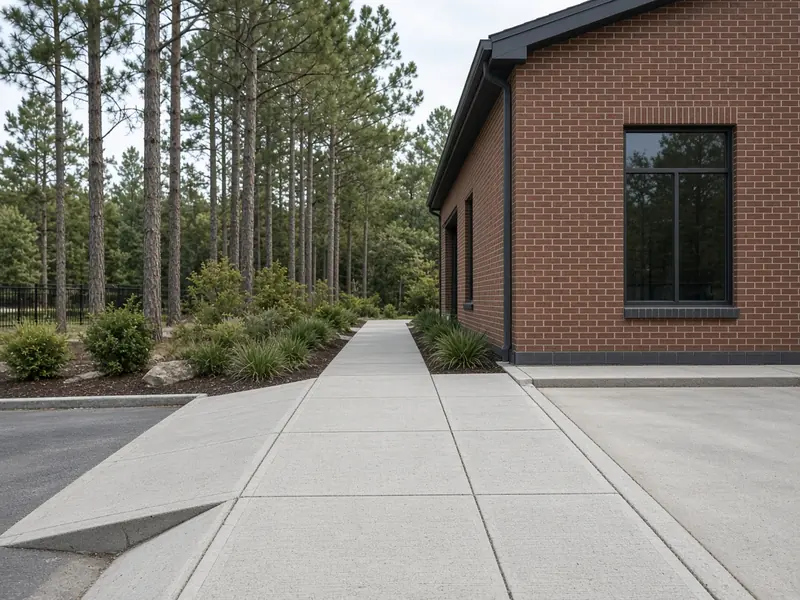 Commercial concrete sidewalk running level across a driveway entrance beside a brick building, with pines along the walk