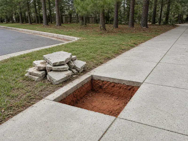 Gap in a residential sidewalk where an old panel was removed down to red clay, with the broken pieces stacked on the lawn