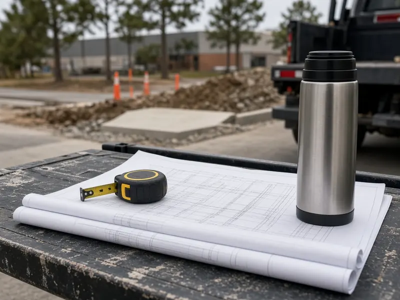 Rolled site plans held down by a tape measure and a thermos on a truck tailgate at a commercial jobsite with a new curb ramp and cones behind