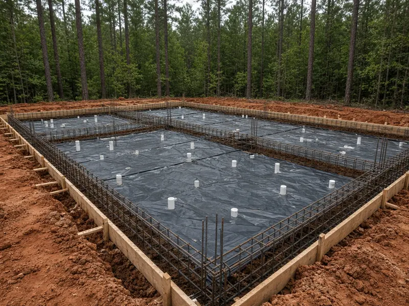 Slab foundation ready to pour, with rebar cages in grade beam trenches, plastic vapor barrier and plumbing stub-ups inside wood forms on red clay