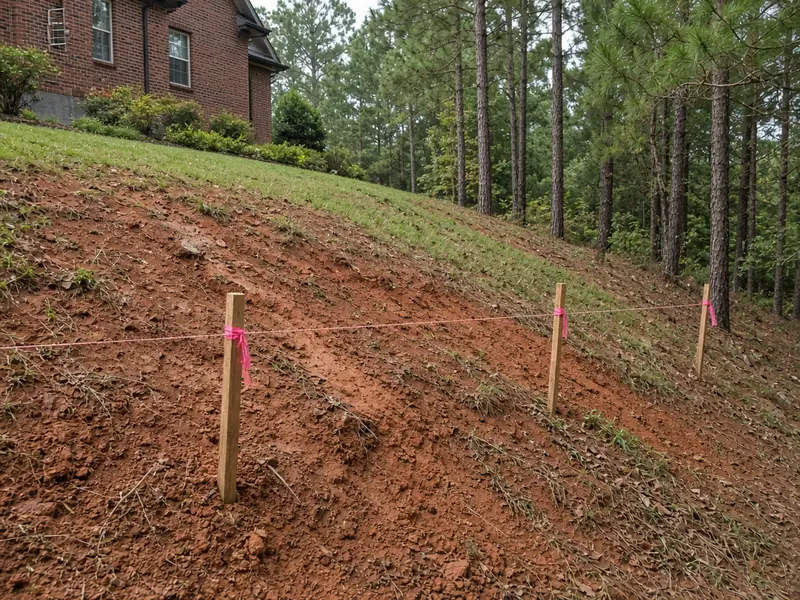 Sloped backyard of red clay and thin grass staked with wooden stakes, pink flagging and a string line below a brick house