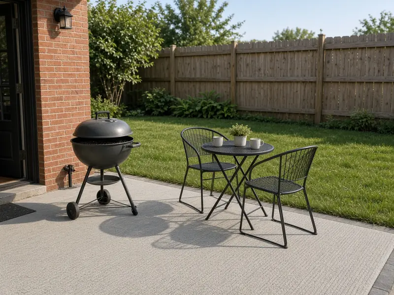 Small concrete slab outside a back door holding a kettle grill and a bistro table with two chairs, with lawn and a wood fence beyond