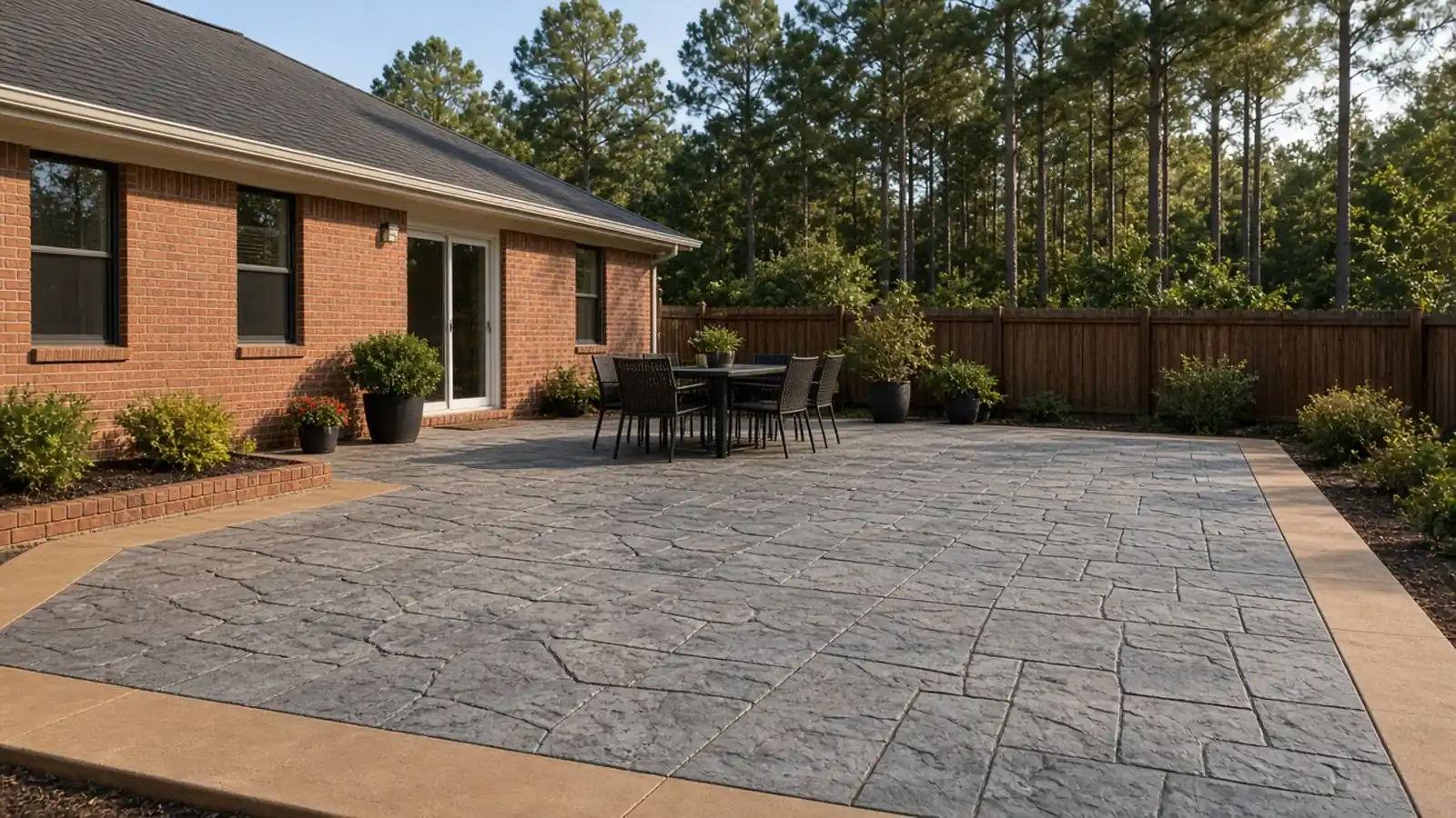 Sealed stamped concrete patio in a gray ashlar slate pattern with a tan border band behind a red brick ranch house, with a dining set and tall pines past the fence