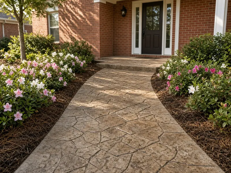 Tan stamped concrete front walk and entry landing leading to the front door of a red brick home between azalea beds
