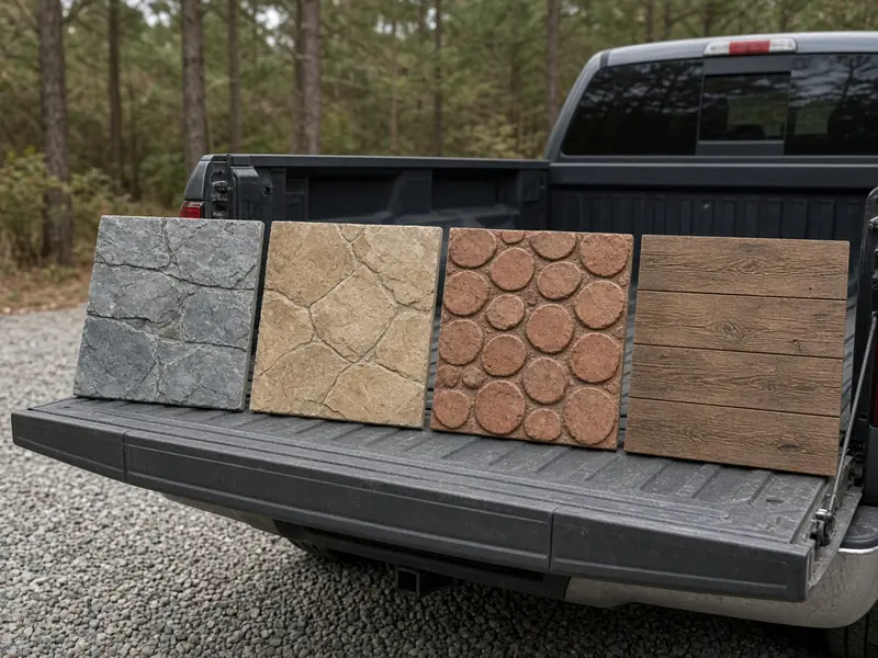 Four stamped concrete sample boards in slate, flagstone, cobblestone and wood-plank patterns lined up on a pickup tailgate