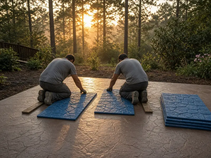 Two workers seen from behind pressing blue texture mats into a fresh tinted concrete patio at sunrise, with a stack of mats beside them and pines behind