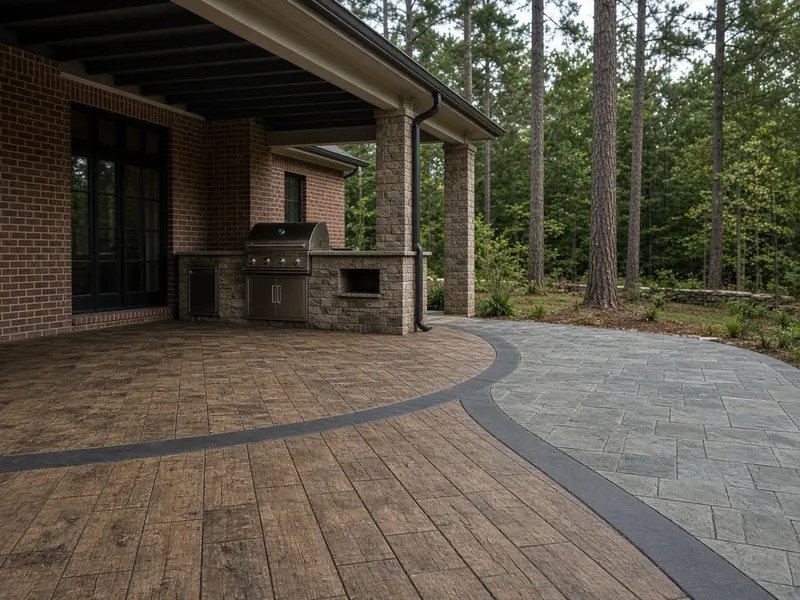 Stamped concrete patio with a wood-plank field and a gray slate field split by a charcoal border band, beside an outdoor kitchen under a brick home's covered porch