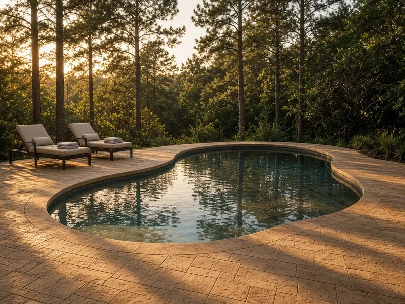 Kidney-shaped pool with a tan stamped concrete deck and two lounge chairs at golden hour, with long pine shadows across the deck