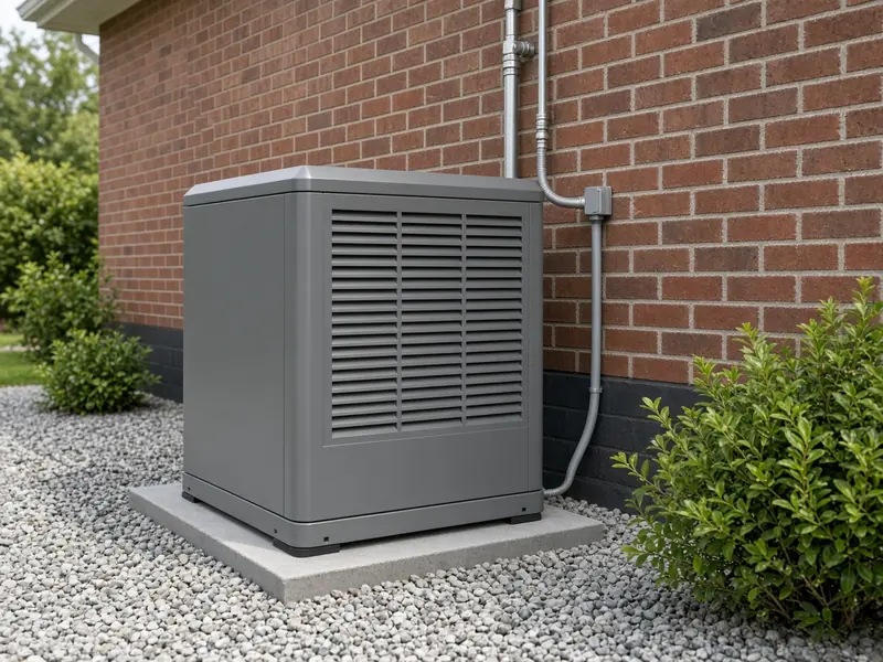 Standby generator on a small concrete pad set in gravel beside the brick wall of a house